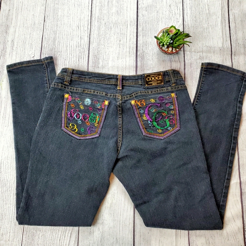 {Coogi} Dark Wash Spellout Embroidered Skinny Jean
